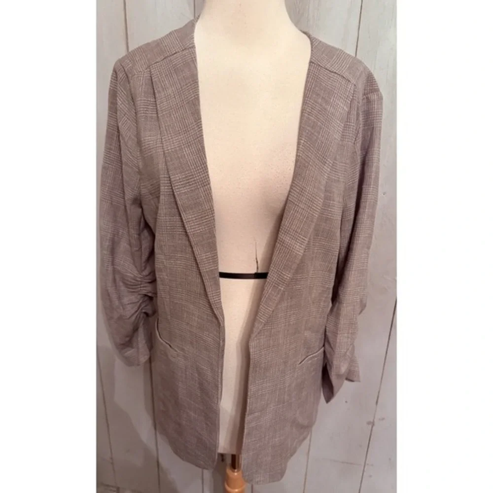 Skies Are Blue Raja Collarless Blazer Lg Plaid Open Career 3/4 Ruched Sleeve New